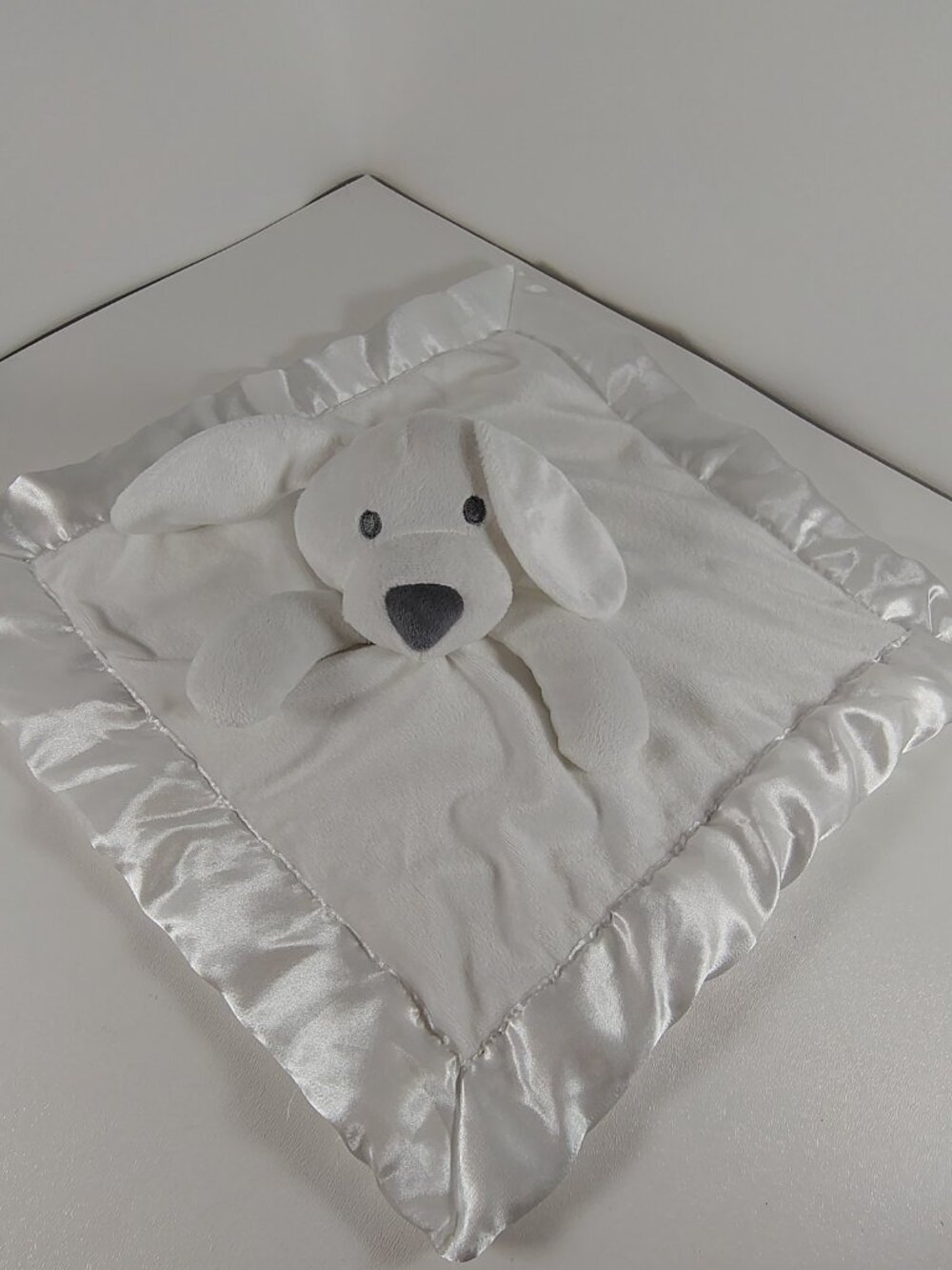 Nuby White Puppy Dog Plush Satin Trim Lovey Security Blanket - Gray Grey Eyes